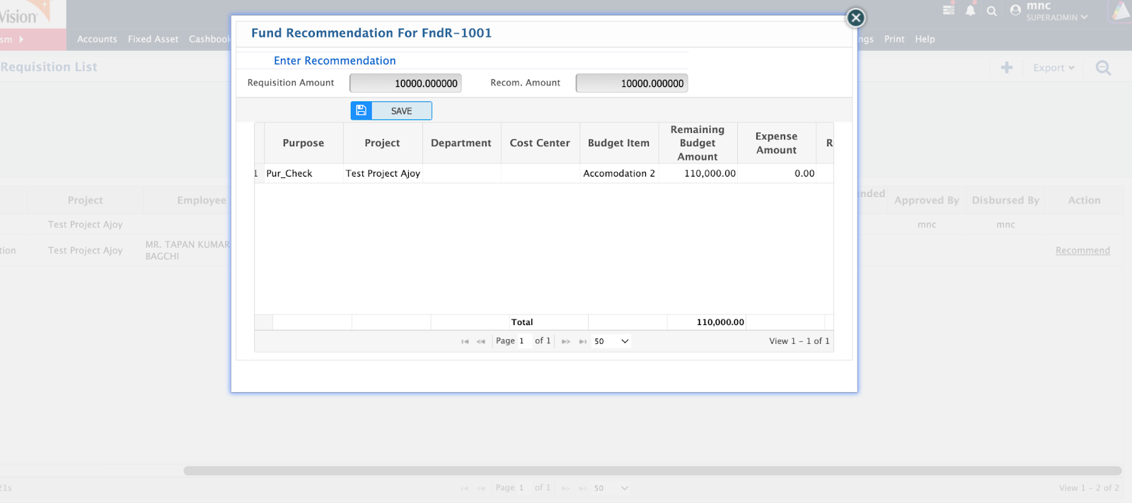 Recommendation for Fund Requisition